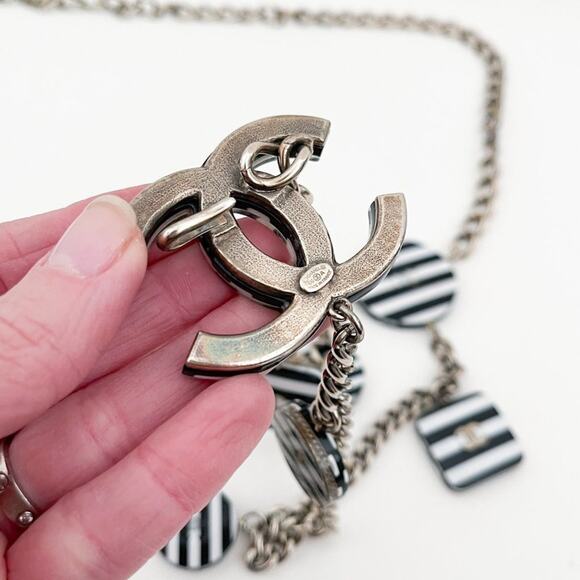 CHANEL 2005 CC Chain Belt Necklace Black and White Stripe Resin Charms Logo - Picture 15 of 16